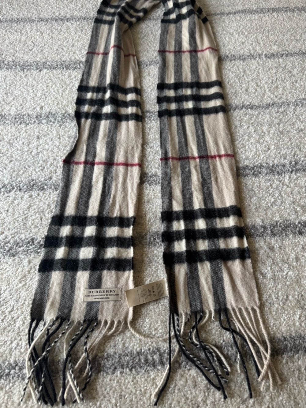 Burberry Classic Check Fringe Scarf in Beige, Black & Red - Picture 9 of 10